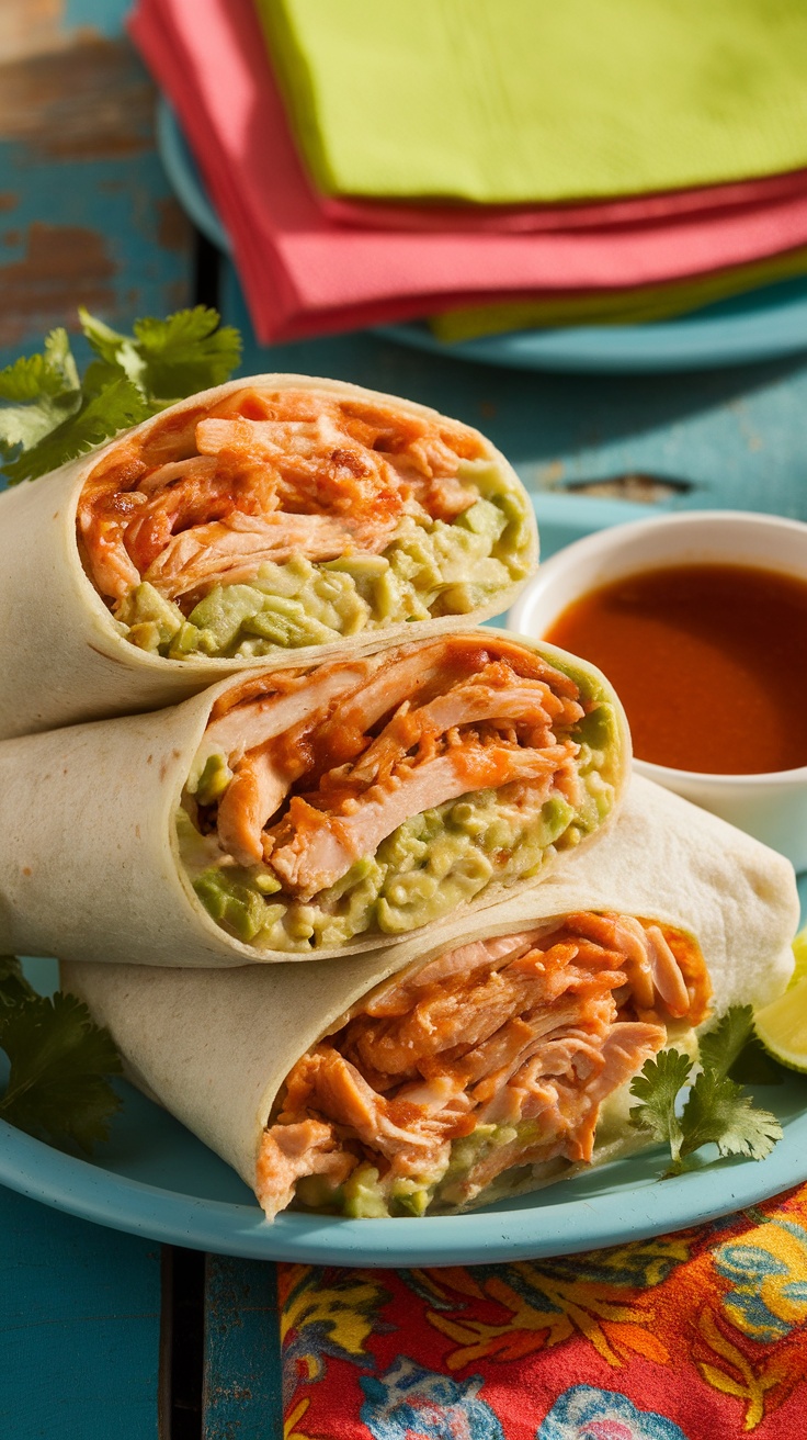 Teriyaki Chicken Burritos sliced in half on a plate, revealing avocado rice and chicken, garnished with cilantro.